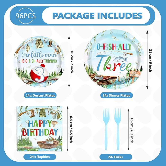 96Pcs Fishing 3rd Birthday Party Decorations Gone Fishing Three Paper Plates and Napkins Ofishally Three Disposable Tableware Set for Fisherman Baby Shower 3rd Birthday Party Supplies, Serves 24