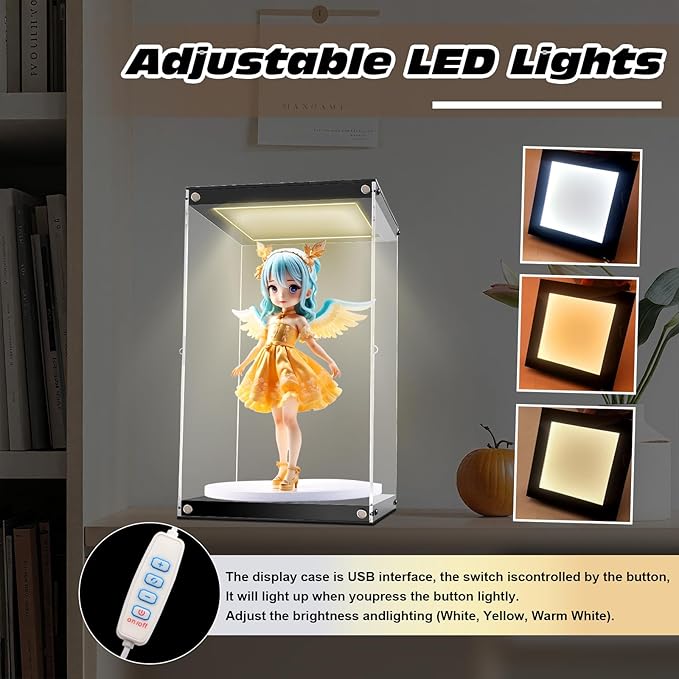 Clear Acrylic Display Case with LED Light for Trophy Collectibles，Easy Assemble Cube Display Box Dust Proof Protection Showcase for Action Figures Toys 8" Lx8 Dx12 H