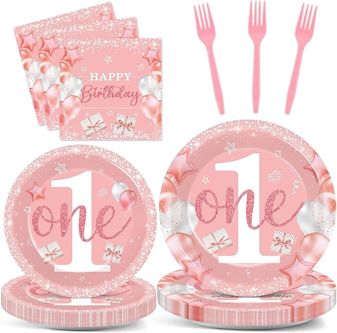 96 Pcs Girl 1st Party Supplies Pink One Year Old Paper Plates Baby Girl 1st Birthday Decoration Pink DisposableTableware Set Bridal Shower Birthday Party Paper Plate Napkin Fork 24 Guests