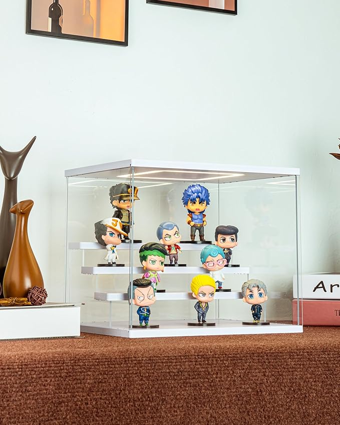 Clear Acrylic Display Case with Light , 4 Tier Display Box Stand Assembly Dustproof Protection Showcase for Collectibles Action Figures (White 12.6×9.6×10.6in; 32×24.5×27cm)