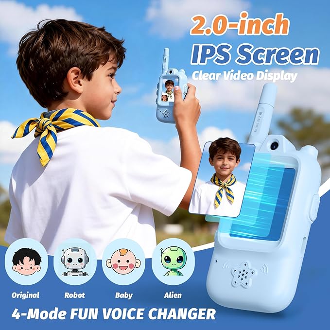 Walkie Talkies for Kids with Real-Time Video Chat, 2 Pack Rechargeable Two-Way Radios, Long Range & Voice Changer, Indoor Outdoor Adventure Toys for Boys Girls Age 3-12 (Cloud Blue & Sakura Pink)