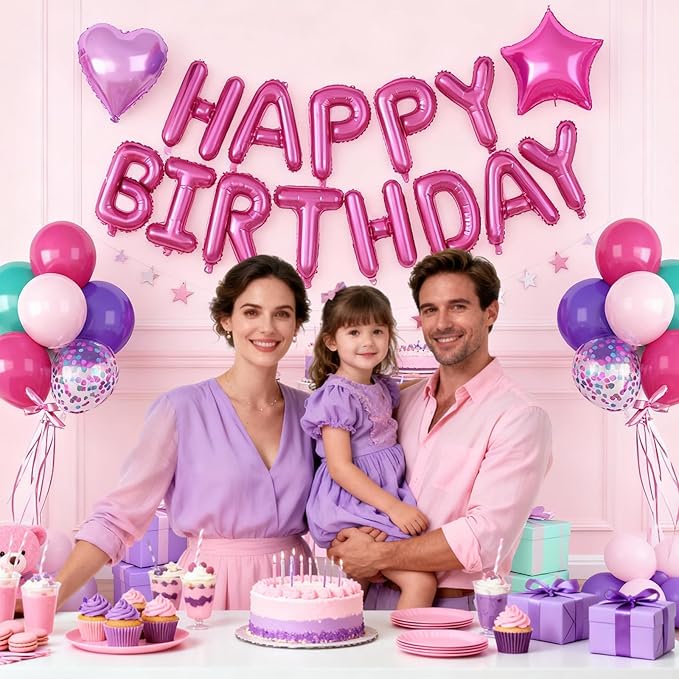 29PC Pink Purple Happy Birthday Balloon Banner, 16Inch 3D Aluminum Letter Banner Sign, Purple Hot Pink Teal Blue Confetti Balloons 18 Inch Heart Star Foil Balloon for Women Party Supply