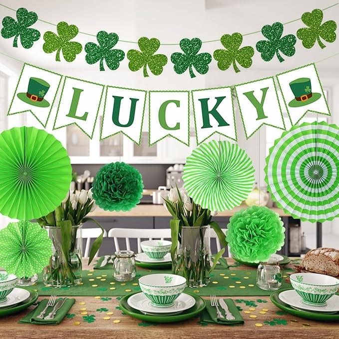 St. Patrick's Day Decorations, St Patty's Saint Decor Accessories for Irish Party Supplies, Including Paper Fan, Glitter Lucky Banner, Shamrock Garlands Clover, Green