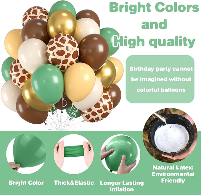Jungle Balloons, Safari Balloons, Green Brown Balloons with Sage Green Brown Gold Ivory White Giraffe Printed Balloon for Boys Baby Shower Birthday Woodland Party Two Wild Decorations