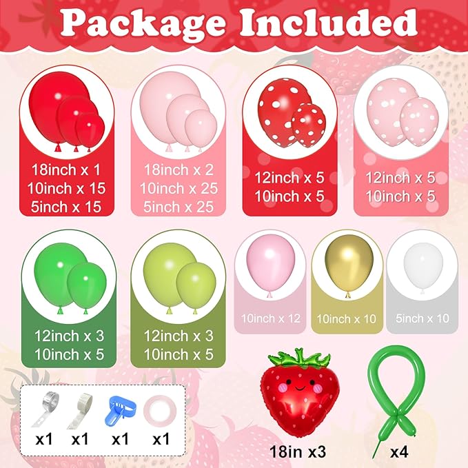 Amandir 162Pcs Strawberry Birthday Party Decorations Strawberry Balloons Garland Arch Kit Berry First Birthday Party Supplies for Girls Summer Fruit Party Decor