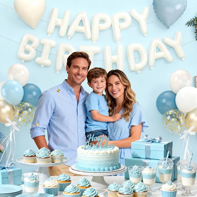 29PC Blue Heart Happy Birthday Balloon Banner, 16Inch 3D Aluminum Letter Banner Sign, Dusty Blue Metallic Gold Sand White Balloon 18 Inch Heart Foil Balloons for Boy Baby Shower Decorations
