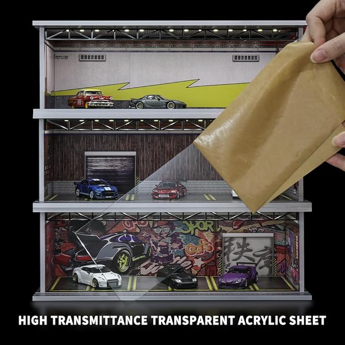 1/64 Hot diecast Wheels Cars Display case - 1/64 Scale Model Cars scenarios Display Box with LED Light and Acrylic Cover, Scenes Parking lot Diorama Storage Garage 6 Parking Spaces (Industry)