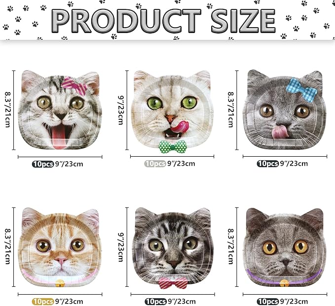 60 Pcs Real Cat Birthday Party Paper Plates, Cute Cat Pattern Plates for Pet Birthday Decorations Cat Theme Party Supplies Baby Shower