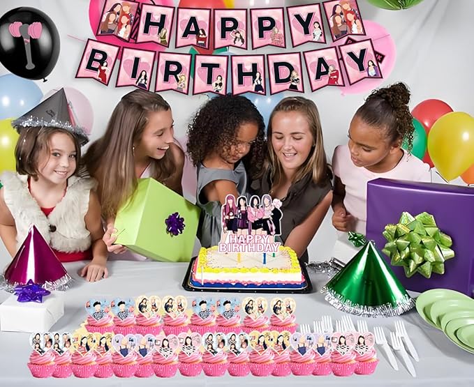 KPOP Black Pink Girl Group Birthday Party Kit Supplies with Cake Topper, Balloons, Banner, Cupcake Toppers & Birthday Sash – Easy Setup Party Supplies for Girls, Teens & Adults