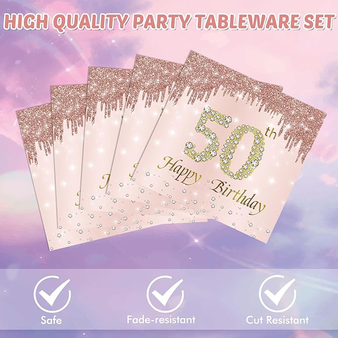 40pcs 50th Birthday Decorations for Women Rose Gold Fifty Year Old Party Supplies Include 50th Birthday Plates and Napkins Set 1976 50 Years Old Disposable Tableware Party Supplies for Girl Ladies