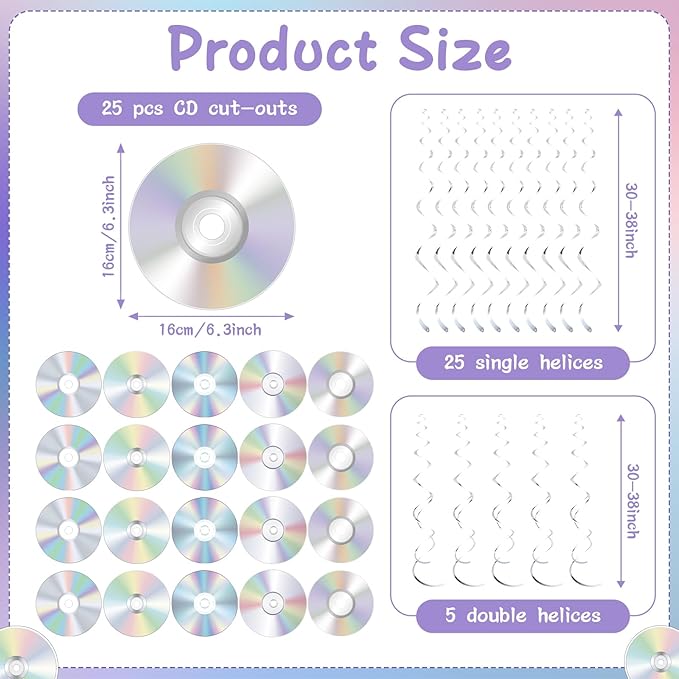 Pajean 25 Pcs CD Swirls Decorations 90s Party Hanging Decorations Retro 80s 90s Music Theme Ceiling Streamers Iridescent CD Disco Wall Cutouts for 1990s 2000s Y2k Birthday Throwback Supplies