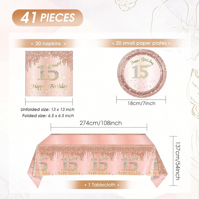 15th Birthday Decorations for Girls,Rose Gold 15 Year Old Birthday Party Supplies Include 15th Birthday Party Plates and Napkins,Tablecloth Kit,15 Birthday Tableware Set for Girls Teen Party Decor