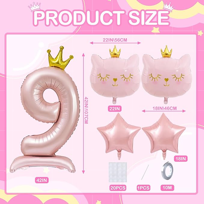 Pink Cat Balloon Set, Crown Cat Foil Balloon, 9 Year Old Girl Birthday Party Decoration, Cat Theme Party Decoration, Theme Party Supplies for Girls Kitten Pet Cat (9)