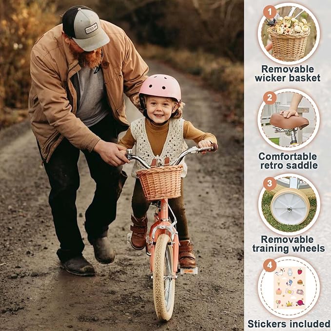 Petimini Vintage Kids Bike for Girls, 12–20 Inch Classic Bicycle with Wicker Basket & Bell, High Tensile Steel Frame, Training Wheels (12–18”), 85% Pre-Assembled, Retro Bike for Outdoor Riding