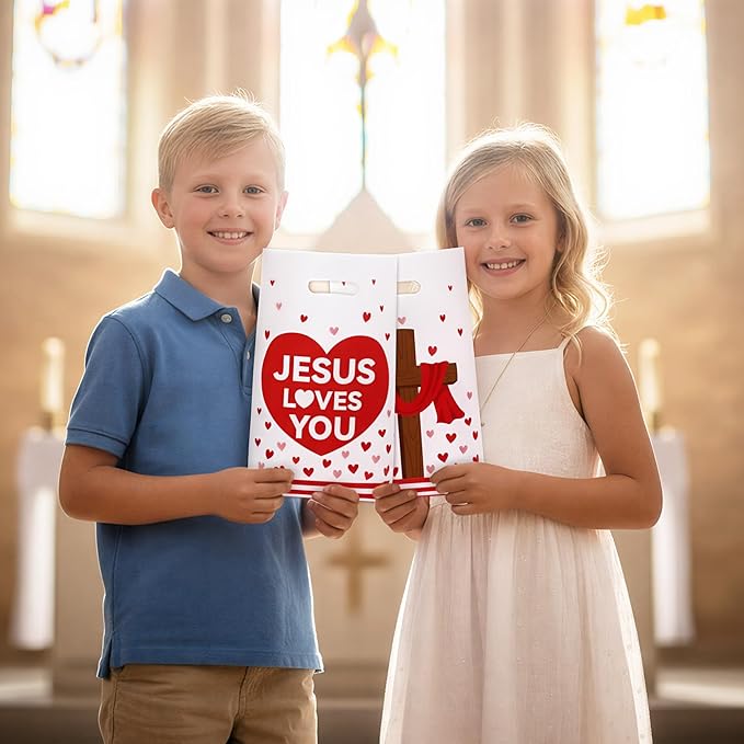 Jesus Loves You Party Favor Bags - 50Pcs Red Heart Jesus Cross Christian Goody Candy Treat Bags for Baptism Party Decorations for Valentine’s Day Religious Church Sunday School Birthday