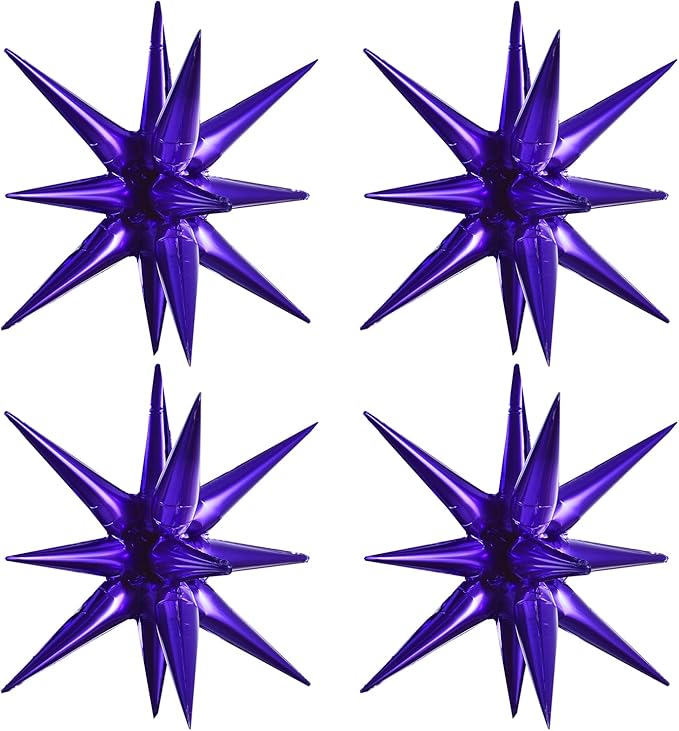 TONIFUL 4 Pcs 22inch 4D Dark Purple Explosion Star Mylar Balloons Purple Star Balloons for Party Backdrop Christmas,New Year Birthday, Halloween,Wedding Baby Shower Anniversary Photo Booth Supplies