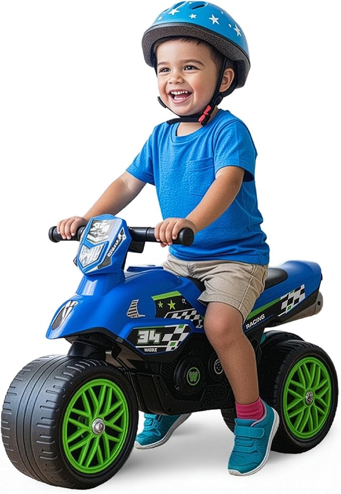 Waddle Kids Motorcycle Balance Bike - Toddler Ride on Toys w/Sounds, Wide Wheel Base, Rubber Coated Wheels, Foot to Floor Toddler Car Up to 44 Lbs, Motorbike for Kids Ages 18 Months to 3 Yrs, Blue