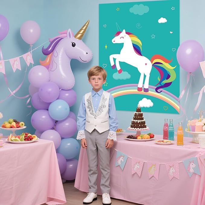 PLULON Pin The Horn On The Unicorn for Kids Birthday Party Game, Unicorn Party Supplies Favors Girls Birthday Decorations Poster Home Family Wall Decorations for Girl Boy Classroom Activities