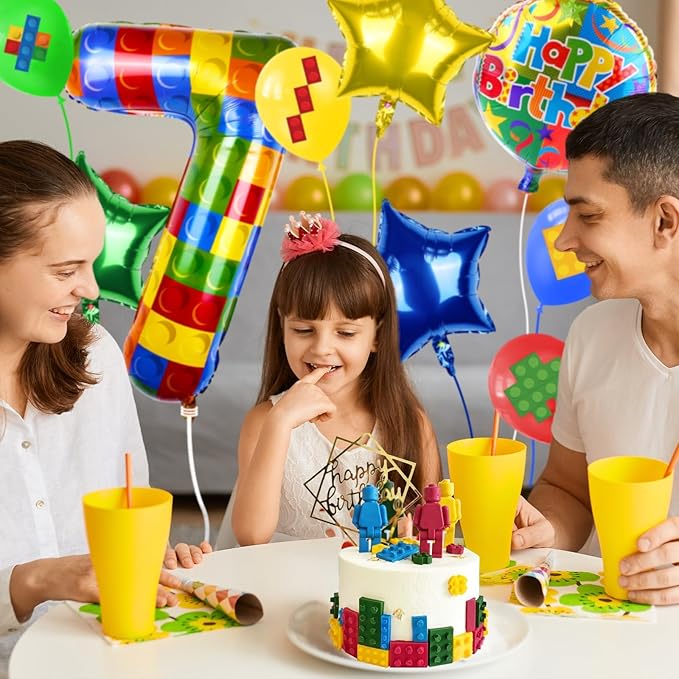 40 Inch Building Block Number Balloon, Colorful Number Block Foil Balloons Large Big Numbers Helium Balloon for Girls Boys 7th Birthday Brick Theme Party Decorations (Number 7)