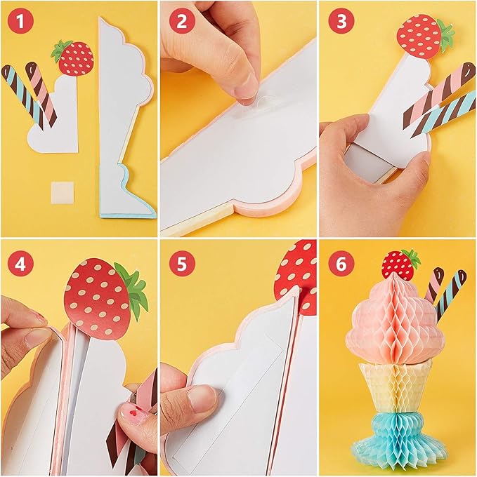 Outus 6 Pieces Table Centerpiece Tissue Honeycomb Table Centerpieces for Theme Party Decorations Supplies Birthday Baby Shower(Ice Cream)