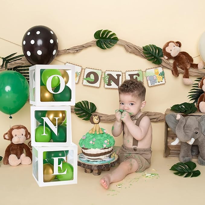 First Birthday Decorations for Boy - ONE Balloon Boxes with Green and Golden Balloons, Blocks for Safari Dinosaur Wild One Theme Baby 1st Birthday Backdrop, Cake Smash Photo Props