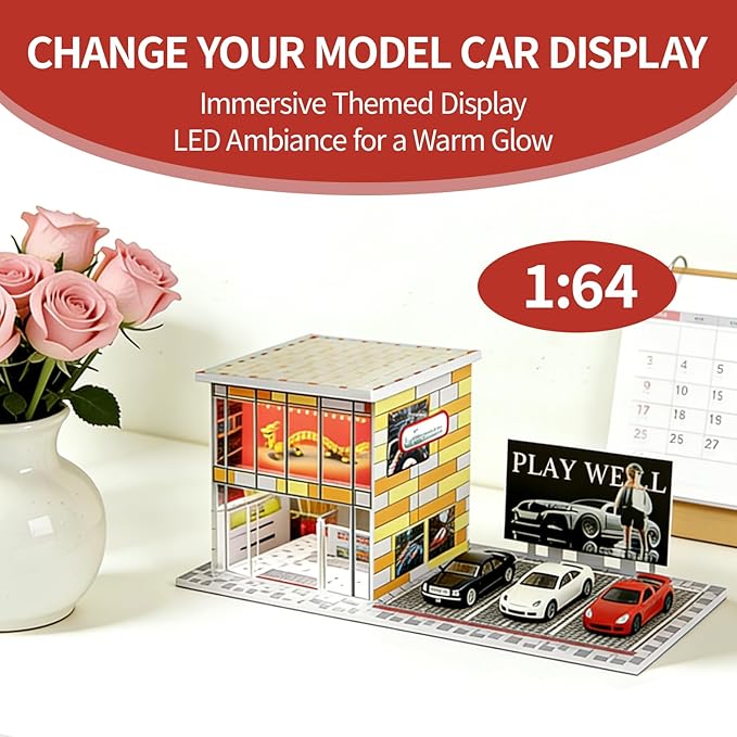 1/64 Model Car Display Shop Case for Adults, Premium in-House-Design Scale Diecast Parking Garage for Toy Cars, Toys Car Garage, Scenic Diorama Display Car Park with ith LED Lamps, Gifts for Men