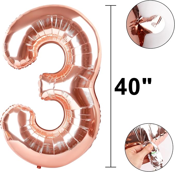 Rose Gold Number 3 Balloon 40 Inch,Foil Mylar 3 Number Balloons 13 23 30 33 Numbers Balloon Birthday Anniversary Decorations Photo Props Decorations Supplies