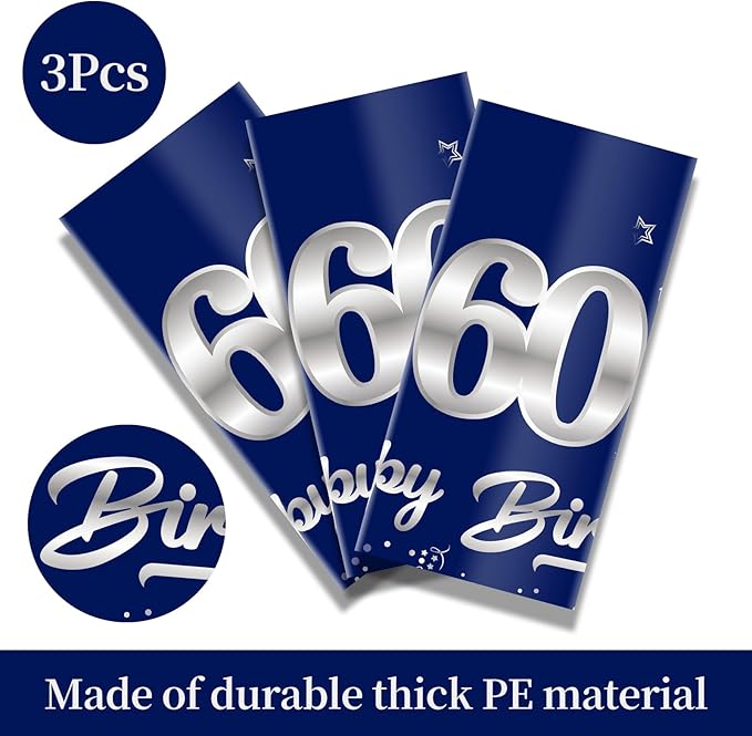 3 Pack Blue Silver 60th Birthday Tablecloth Decorations for Men, Navy Blue Happy 60 Table Cover Party Supplies, Sixty Years Old Birthday Disposable Table Cloth for Indoor Outdoor