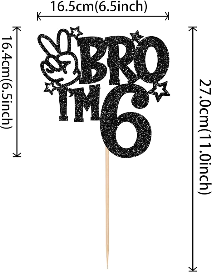 1 PCS Brother I'm 6 Cake Topper Glitter Star Happy 6th Birthday Cake Pick Bro I'm 6 Cake Decoration It's My 6th Birthday Decorations for Boys Cheers to 6 Years Old Birthday Party Supplies Black