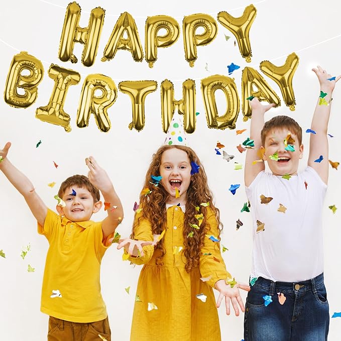 Gold Happy Birthday Balloons Banner 16 Inch Mylar Foil Letters, Inflatable Party Decor and Birthday Decorations for Women, Men, Boys & Girls Kids and Adults, Reusable, Party Supplies