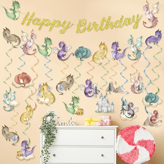 32Pcs Dragon Birthday Party Decorations Watercolor Magic Dragon Banner Hanging Swirl Fantasy Birthday Party Supplies Dinosaur Baby Shower Cutout Banner for Kids Decor