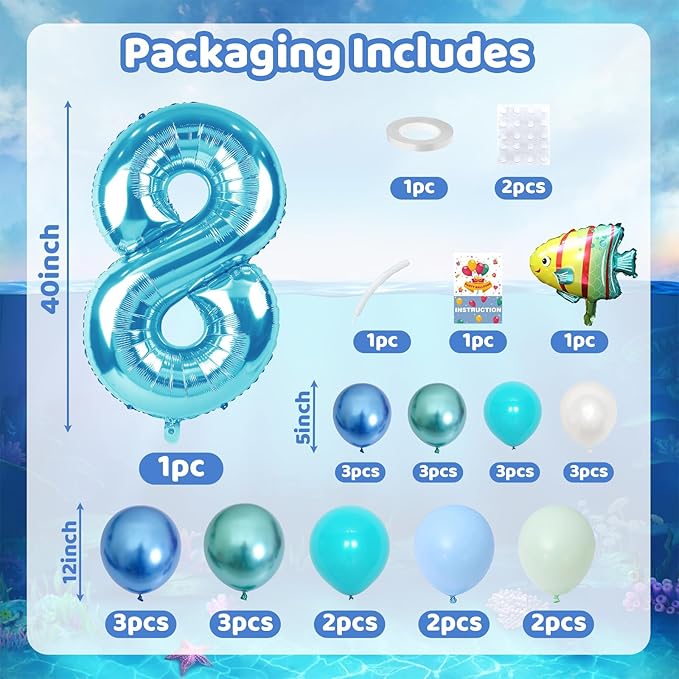 40 Inch Blue Number 8 Balloon Ocean Under the Sea Number Eight Foil Balloons Tower with Shark Bubble Fish for Boys 8th Birthday Party Decor Blue Green Underwater Digital Aluminum Balloons Stack