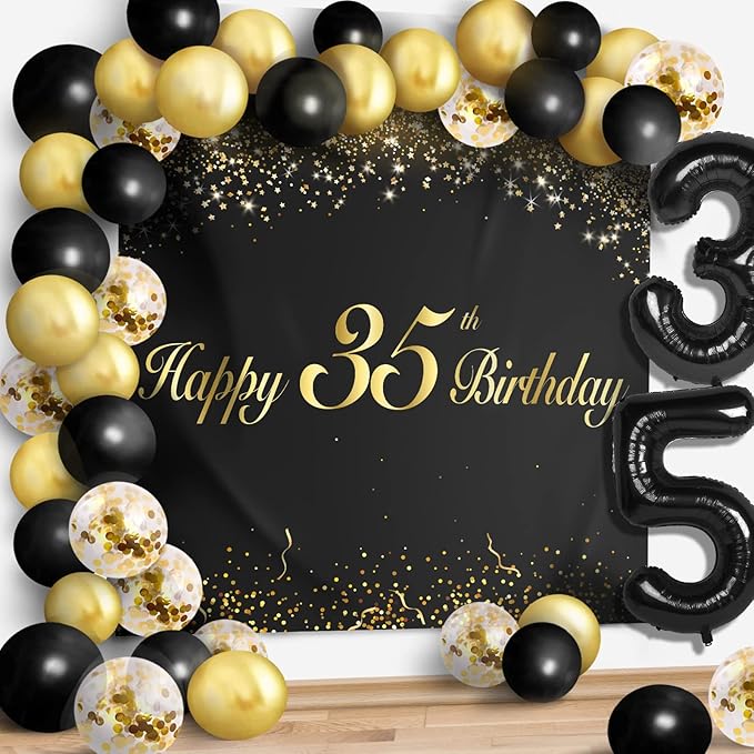 Happy 35th Birthday Balloons Black Set Decor - Cheers to 35 Years Old Party Theme Garland Banner Backdrop Decorations For Women and Men Supplies