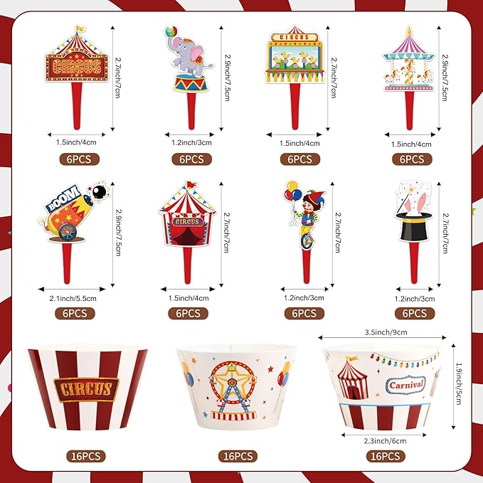 48 Pack Circus Cupcake Toppers and Wrappers, Carnival Party Cake Decoration for Carnival Theme Birthday Party Baby Shower Supplies