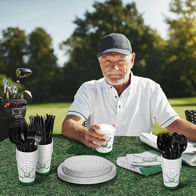 Durony 169-Piece Golf Party Supplies - Green Grass Field Tablecloth, 48 Dessert Plates, 24 Paper Cups, 24 Napkins, 24 Knives, Forks & Spoons - Disposable Golf Tableware Set
