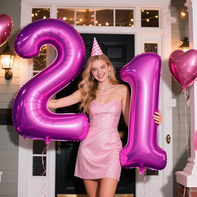 40 Inch Large 21 Balloon Numbers Rose Purple Big Foil Number Balloons Giant Helium Happy Birthday Party Decorations for Man and Women, Huge Mylar Anniversary Party Supplies