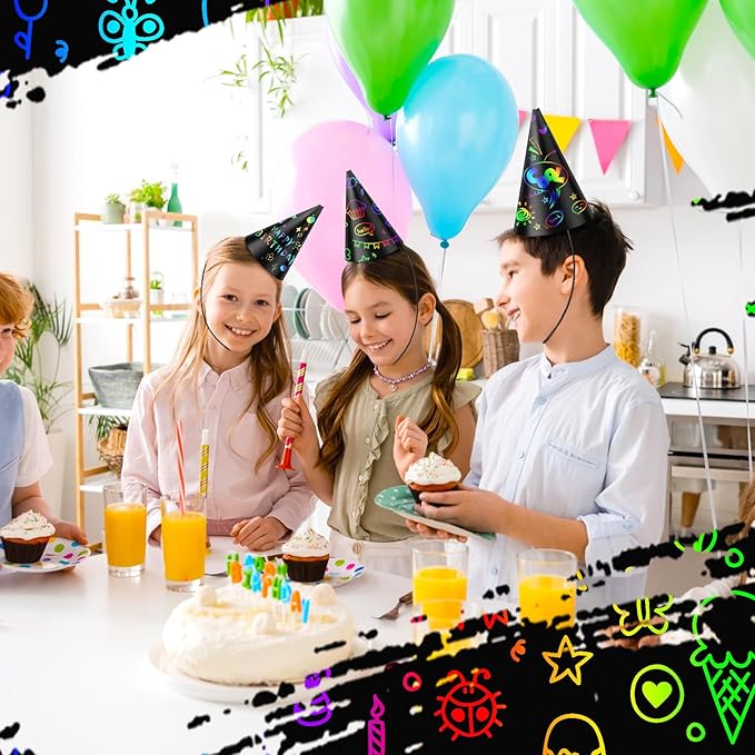 Lewtemi Scratch Party Hats DIY Birthday Art Cone Scratch Hats Colorful Party Craft Paper Hat Decorating Supplies