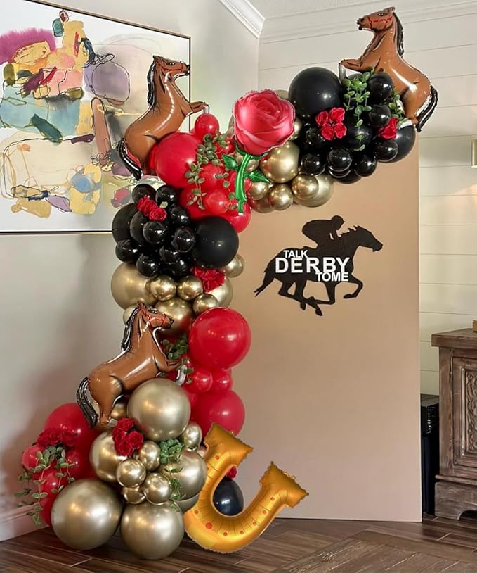 Derby Balloon Garland Arch Kt, 144pcs Red Black Gold Balloons with Rose Horse Horseshoe Foil Balloons for Run for the Rose Kentucky Party Rodeo Birthday Horse Racing Decorations