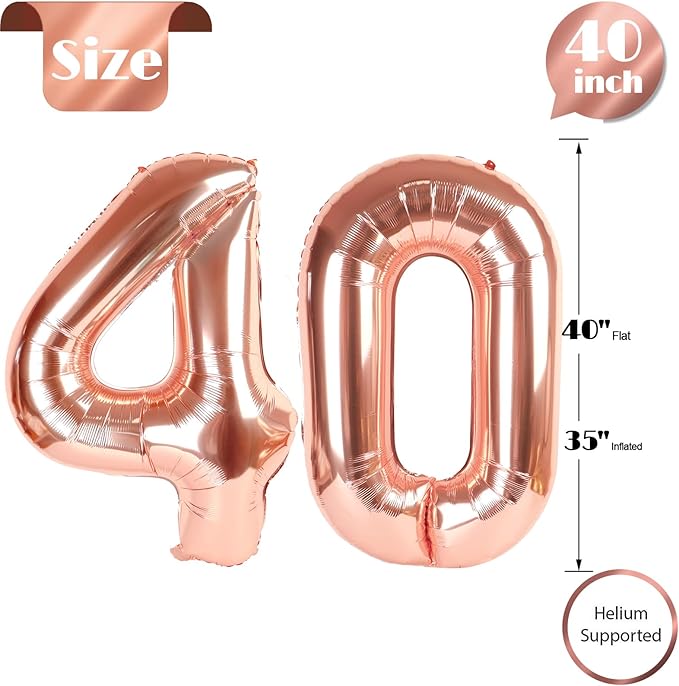 Rose Gold Number 40 Balloon 40 inch, 40 Number Balloons, 40th Birthday Decorations, 40 Year Old Women Men Rose Gold Party Supplies