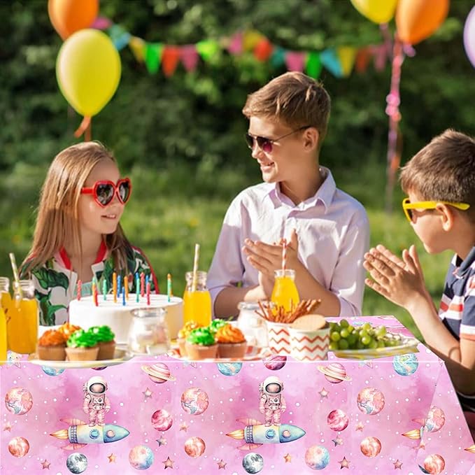51 Pcs First Trip Around The Sun Birthday Party Supplies Pink Outer Space Tablecloth Paper Dinner Plates Napkins Forks Dinnerware for Space Theme Baby Shower Girls 1st Birthday Party Decorations