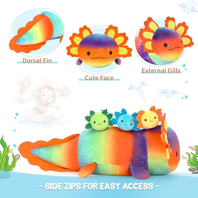 4Pcs Axolotl Plush, Giant Salamander Stuffed Animal Mommy 24 Inch with 3 Babies in Tummy, Cuddly Gifts for Kids Girls Boys