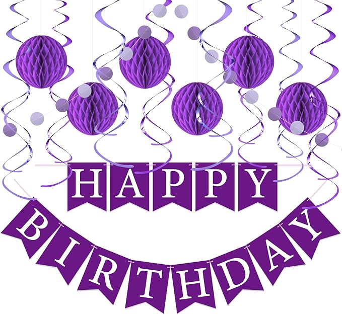Purple Birthday Decorations Kit - 16-Piece Set with Pre-Strung Happy Birthday Banner, Honeycomb Balls, Garland & Swirls | Purple Theme Party Supplies for Women Girls Kids, Teens Adults