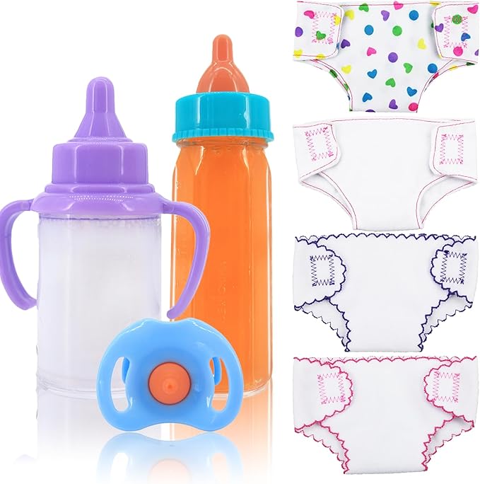 6 Pcs Baby Doll Accessories, 4 Doll Diapers for 14-18 Inch Doll, Magic Disappearing Milk & Juice Bottles with Toy Pacifier for Reborn Baby Doll Diapers and Feeding Bottle Toys Reusable
