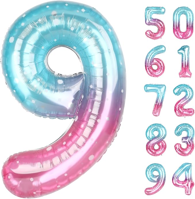 Starry Sky 9 Balloon, Number Balloons 40 Inch, 9th Giant Birthday Decorations for Girls, 19th 29th Party Decorations Supplies, Number 9 Balloon