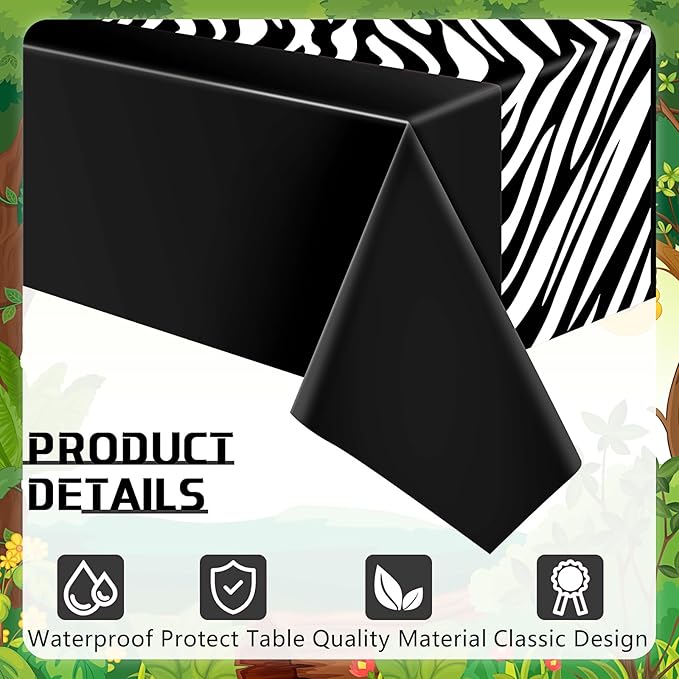 Buryeah 3 Pcs Zebra Tablecloth Zebra Print Plastic Table Cloth Disposable Tablecloth Animal Safari Table Cover 54 x 108'' for Baby Shower Wedding Birthday Party Decorations Supplies (Black)