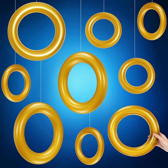 12 Pcs Cartoon Party Decor Inflatable PVC Gold Rings Balloon, Cartoon Themed Birthday Party Supplies for Gamer's Birthday Decor Favors
