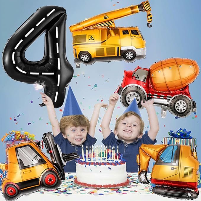 Construction Birthday Decorations 4 Year Old, Large Construction Balloons 40Inch Racetrack Black Number 4 Balloons Construction Truck Foil Balloons for Boys 4th Construction Birthday Party Supplies