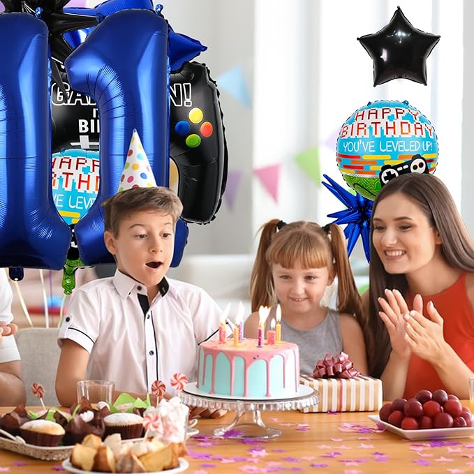 15pcs Video Game Themed Party Decorations, Number 11th Boys Birthday Party Supplies, Navy Blue Video Game Controller Mylar Foil Balloon, Video Game Party Decoration Supplies