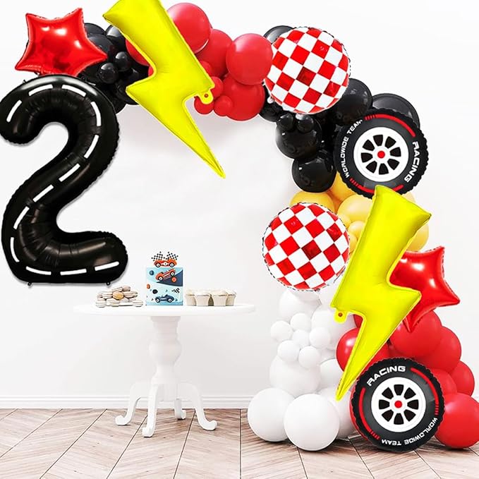 Cartoon Race Car Birthday Party Decorations Large Lightning Bolt Foil Balloon Race Car Balloons 40 Inch Racetrack Number 2 Balloon Black Two Fast Balloons for 2nd Cars Themed Birthday Party Decor