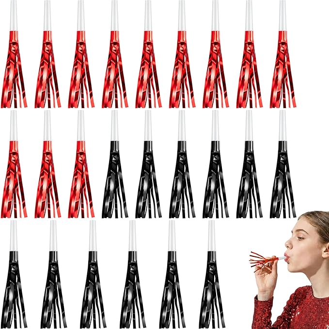 Sumind 24 Pcs Black and Red Noise Makers Glitter Noise Makers Metallic Fringed Party Blowers for Adults Birthday Graduation Sporting Events 2026 New Years Party Favor Supplies